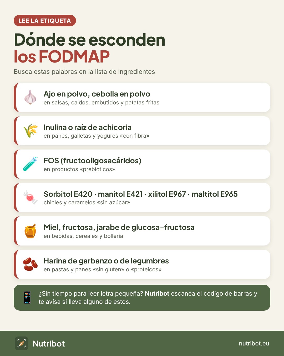 Ingredientes que indican FODMAP en la etiqueta: ajo y cebolla en polvo, inulina, FOS, polioles, miel y jarabe de glucosa-fructosa y harina de legumbres