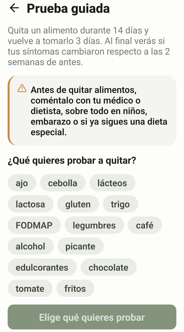 Pantalla de prueba guiada para elegir qué alimento quitar durante 14 días